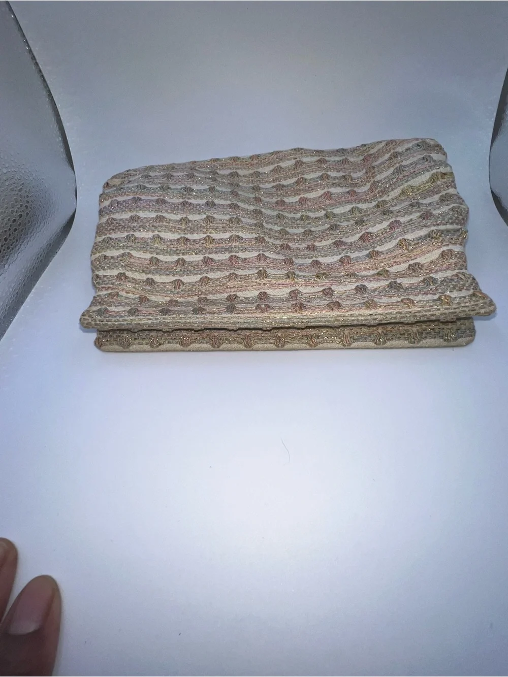 Woven Neutral Striped Evening Clutch - Beige and Gold